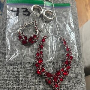 Red Crystal Statement Necklace and Earrings Set - Women Jewelry. Bag #43